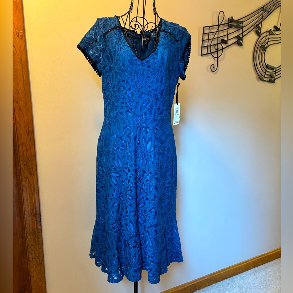 NWT Kensie Blue Lace Poseidon Dress with Cap Sleeves Size 6 Nylon/cotton/rayon